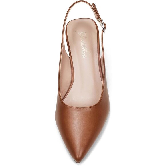 Women Slingback Brown Toe Block Heel Pump Low Heel Office Wedding Dress Shoes - Picture 5 of 6